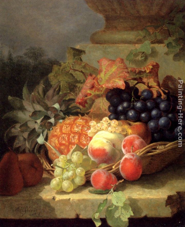 Eloise Harriet Stannard Peaches, Grapes And A Pineapple In A Basket, On A Stone Ledge